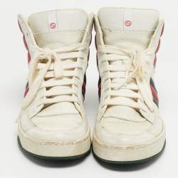 Pre Owned Gucci White/Red Leather New Praga Karibu Web High Top Sneakers Size 37