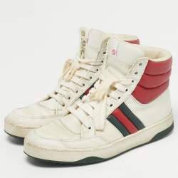 Pre Owned Gucci White/Red Leather New Praga Karibu Web High Top Sneakers Size 37