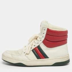 Pre Owned Gucci White/Red Leather New Praga Karibu Web High Top Sneakers Size 37