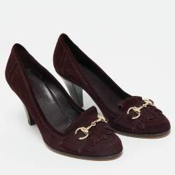 Pre Owned Gucci Purple Suede Horsebit Fringe Loafer Pumps Size 36.5