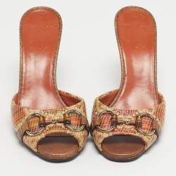 مملوكة مسبقًا Gucci Beige Brown Orange Tweed Horsebit Slide Sandals Size 37