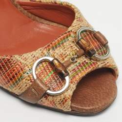 مملوكة مسبقًا Gucci Beige Brown Orange Tweed Horsebit Slide Sandals Size 37