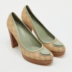 Pre Owned Gucci Beige/Light Green GG Canvas and Leather Babouska Platform Pumps Size 40.5