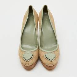 Pre Owned Gucci Beige/Light Green GG Canvas and Leather Babouska Platform Pumps Size 40.5