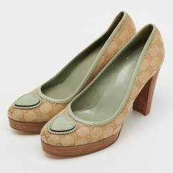Pre Owned Gucci Beige/Light Green GG Canvas and Leather Babouska Platform Pumps Size 40.5