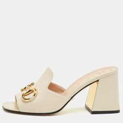 Pre Owned Gucci Off White Leather Horsebit Block Heel Slide Sandals Size 38