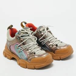 Pre Owned Gucci Multicolor Knit Fabric and Leather Flashtrek Lace Up Sneakers Size 40