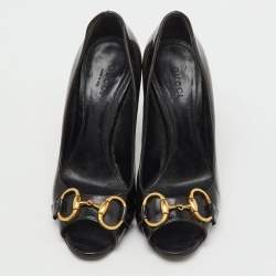 Pre Owned Gucci Black Leather Horsebit Peep Toe Pumps Size 35.5