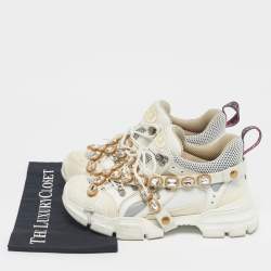 Pre Owned Gucci White Knit Fabric and Leather Flashtrek Lace Up Sneakers Size 40