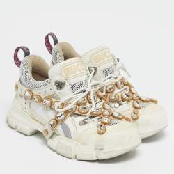 Pre Owned Gucci White Knit Fabric and Leather Flashtrek Lace Up Sneakers Size 40