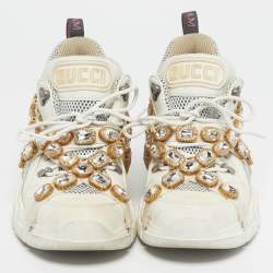 Pre Owned Gucci White Knit Fabric and Leather Flashtrek Lace Up Sneakers Size 40