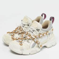 Pre Owned Gucci White Knit Fabric and Leather Flashtrek Lace Up Sneakers Size 40