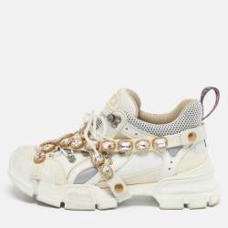Pre Owned Gucci White Knit Fabric and Leather Flashtrek Lace Up Sneakers Size 40