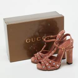 Pre Owned Gucci Old Rose Suede Crystal Embellished T-Strap Sandals Size 36