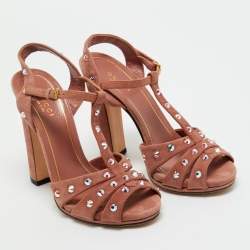 Pre Owned Gucci Old Rose Suede Crystal Embellished T-Strap Sandals Size 36