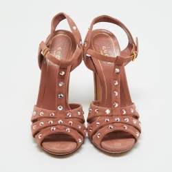 Pre Owned Gucci Old Rose Suede Crystal Embellished T-Strap Sandals Size 36