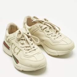 Pre Owned حذاء رياضي غوتشي ريتون جلد أبيض فاتح طباعة شعار منخفض من أعلى مقاس 36