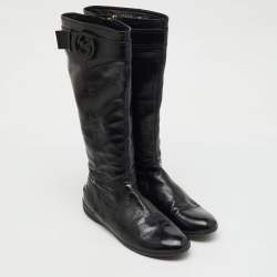 Pre Owned Gucci Black Patent Leather Interlocking G Knee Length Boots Size 38