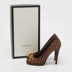 Pre Owned Gucci Dark Brown Leather New Hollywood Studded Horsebit Peep Toe Pumps Size 35