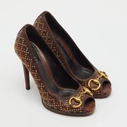 Pre Owned Gucci Dark Brown Leather New Hollywood Studded Horsebit Peep Toe Pumps Size 35