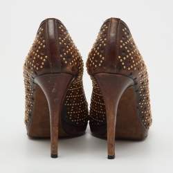 Pre Owned Gucci Dark Brown Leather New Hollywood Studded Horsebit Peep Toe Pumps Size 35