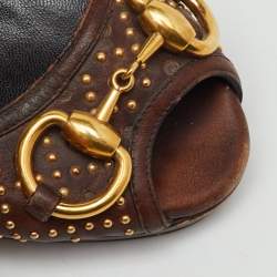 Pre Owned Gucci Dark Brown Leather New Hollywood Studded Horsebit Peep Toe Pumps Size 35