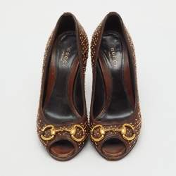 Pre Owned Gucci Dark Brown Leather New Hollywood Studded Horsebit Peep Toe Pumps Size 35