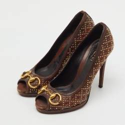 Pre Owned Gucci Dark Brown Leather New Hollywood Studded Horsebit Peep Toe Pumps Size 35