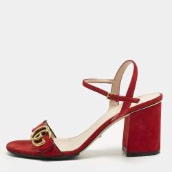 Pre Owned Gucci Red Suede GG Logo Ankle Strap Sandals Size 39
