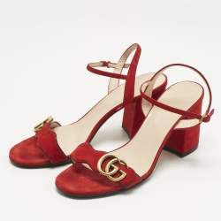 Pre Owned Gucci Red Suede GG Logo Ankle Strap Sandals Size 39