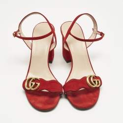 Pre Owned Gucci Red Suede GG Logo Ankle Strap Sandals Size 39
