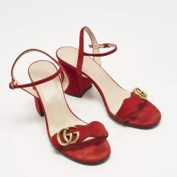 Pre Owned Gucci Red Suede GG Logo Ankle Strap Sandals Size 39