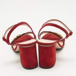 Pre Owned Gucci Red Suede GG Logo Ankle Strap Sandals Size 39