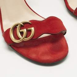 Pre Owned Gucci Red Suede GG Logo Ankle Strap Sandals Size 39