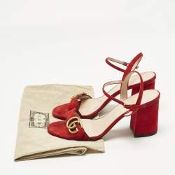 Pre Owned Gucci Red Suede GG Logo Ankle Strap Sandals Size 39