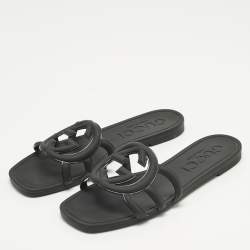 Pre Owned Gucci Black Rubber Interlocking G Flat Slide Size 35