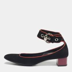 Pre Owned Gucci Black Suede Block Heel Ankle Strap Pumps Size 39