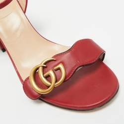 Pre Owned Gucci Red Leather GG Marmont Ankle Strap Sandals Size 38