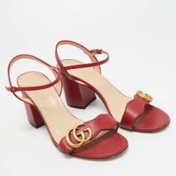 Pre Owned Gucci Red Leather GG Marmont Ankle Strap Sandals Size 38