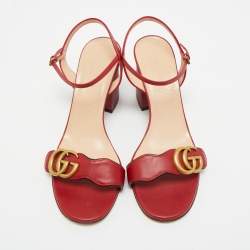 Pre Owned Gucci Red Leather GG Marmont Ankle Strap Sandals Size 38