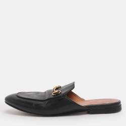 Pre Owned Gucci Black Leather Princetown Flat Mules Size 37.5 