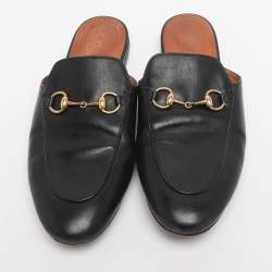 Pre Owned Gucci Black Leather Princetown Flat Mules Size 37.5 