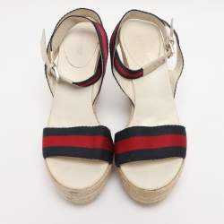مملوكة مسبقًا Gucci Multicolor Web and Leather Espadrille Wedge Sandals Size 39
