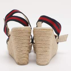 مملوكة مسبقًا Gucci Multicolor Web and Leather Espadrille Wedge Sandals Size 39