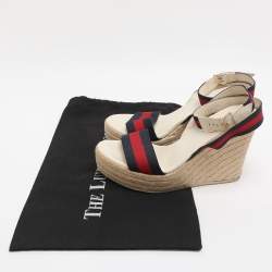 مملوكة مسبقًا Gucci Multicolor Web and Leather Espadrille Wedge Sandals Size 39