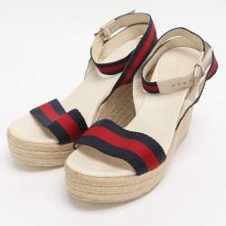 مملوكة مسبقًا Gucci Multicolor Web and Leather Espadrille Wedge Sandals Size 39
