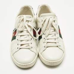 Pre Owned Gucci White Leather and Snakeskin Embossed Leather Ace Lace Up Sneakers Size 35
