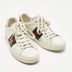 Pre Owned Gucci White Leather and Snakeskin Embossed Leather Ace Lace Up Sneakers Size 35