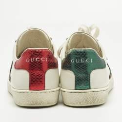 Pre Owned Gucci White Leather and Snakeskin Embossed Leather Ace Lace Up Sneakers Size 35