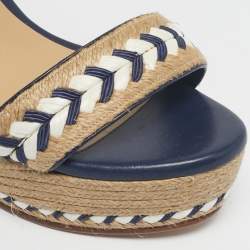 Pre Owned Gucci Beige/Blue Jute and Leather Espadrille Wedge Sandals Size 39.5